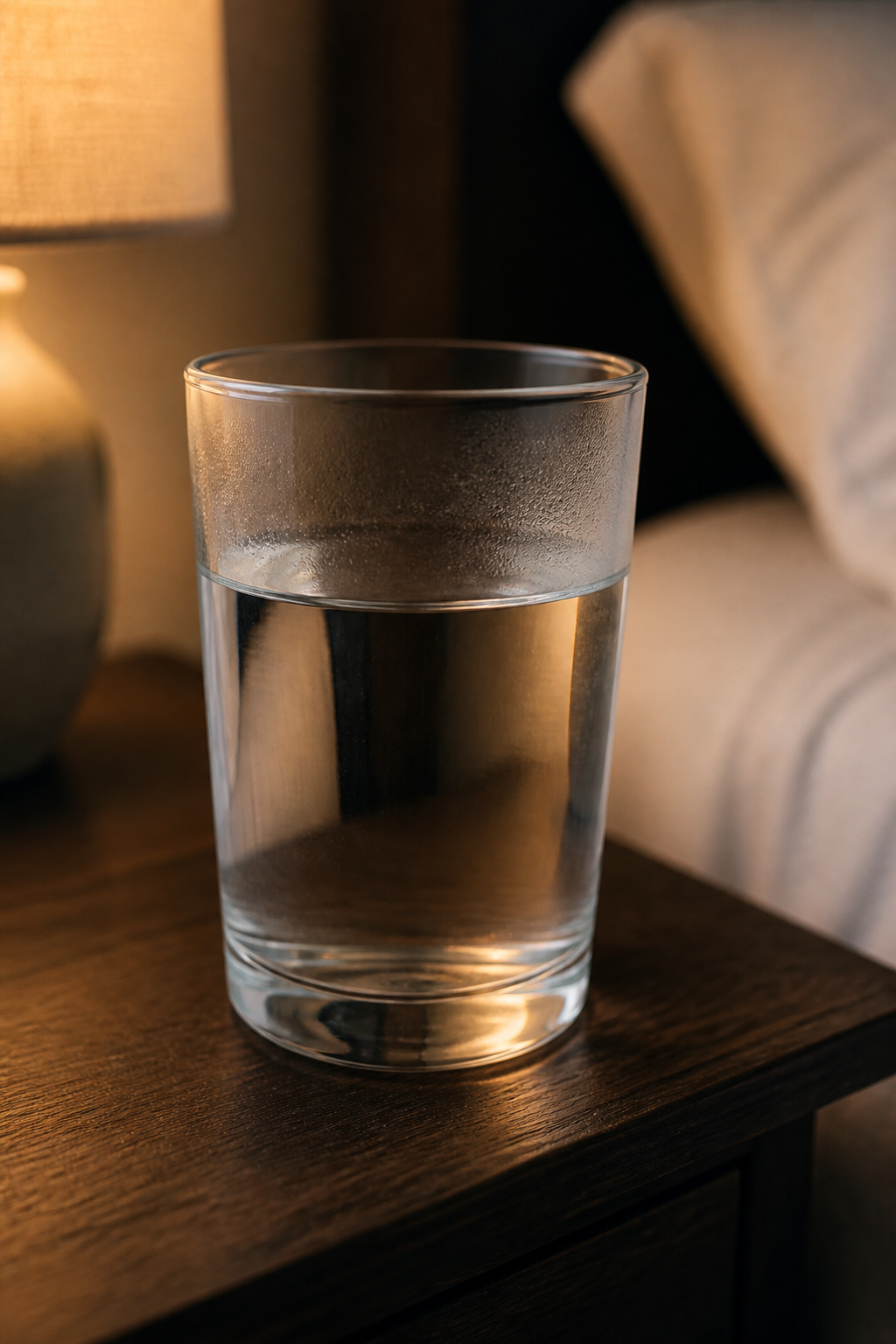 closeup of a single glass of lukewarm water on bedside table
