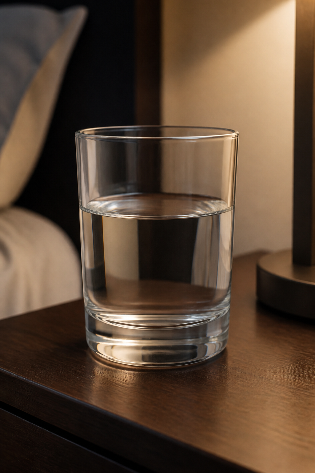 closeup of a single clear water glass on bedside table