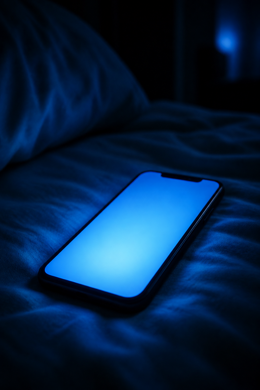 closeup of smartphone glowing blue light in dark bedroom