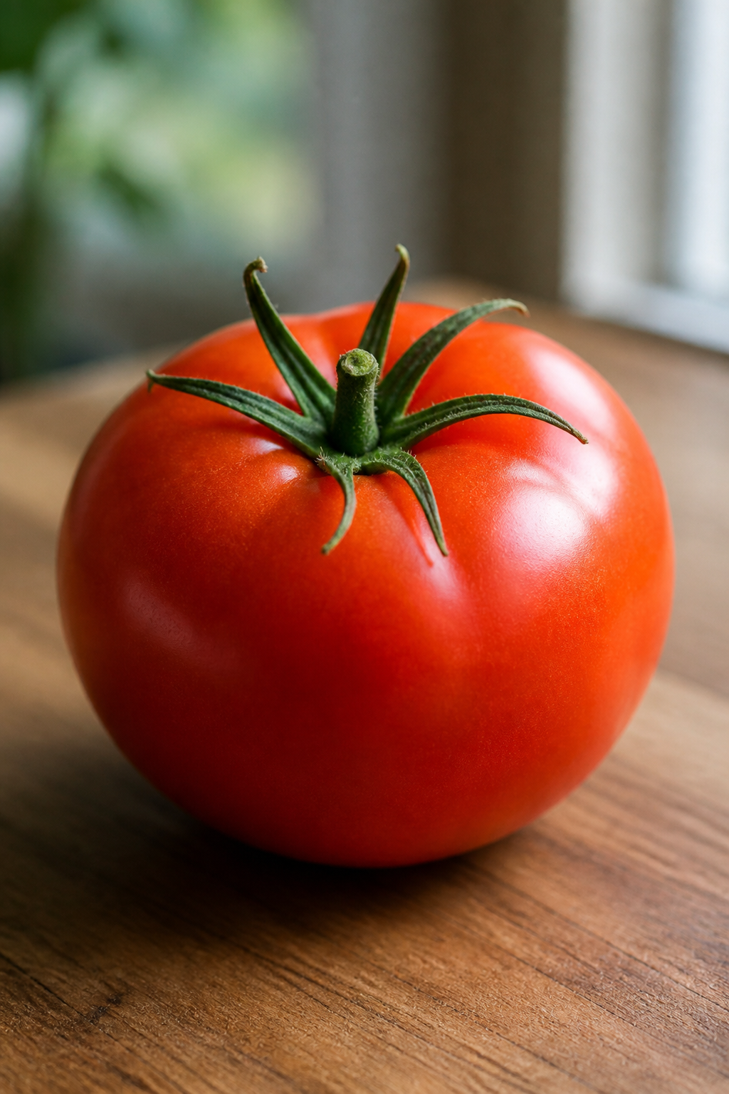 closeup of ripe tomato on wooden countertop, natural window light