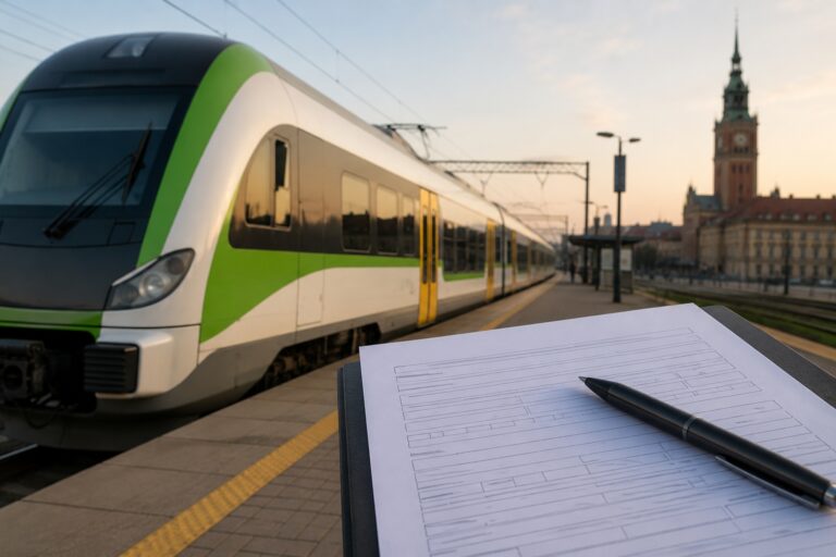 Pociąg Kolei Mazowieckich i dokument oświadczenia majątkowego