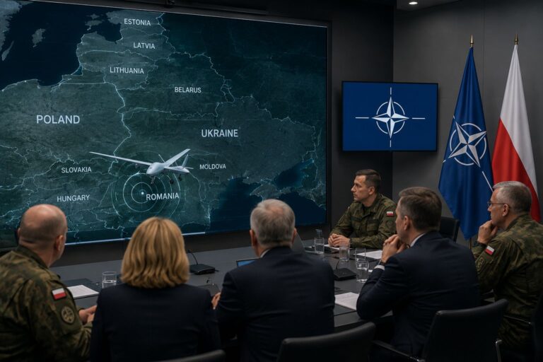 Mapa NATO i symbol drona nad Rumunią