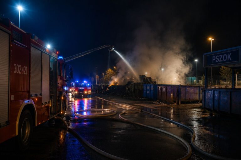 Strażacy gaszą pożar boksów z odpadami