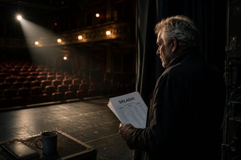 Pusta scena teatralna i dokumenty o składkach