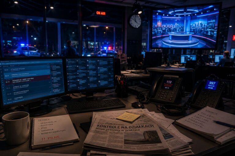 Nocna redakcja telewizyjna i światła policji