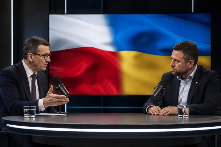 Studio debaty z flagami Polski i Ukrainy