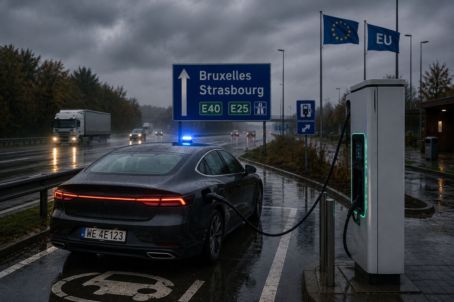 Samochód elektryczny ładuje się na trasie do Strasburga