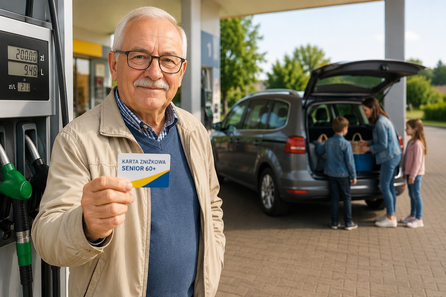 Senior pokazuje kartę zniżkową przy dystrybutorze paliwa