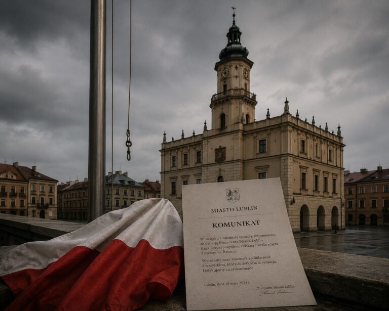 Ratusz w Lublinie i maszt po zdjętej fladze