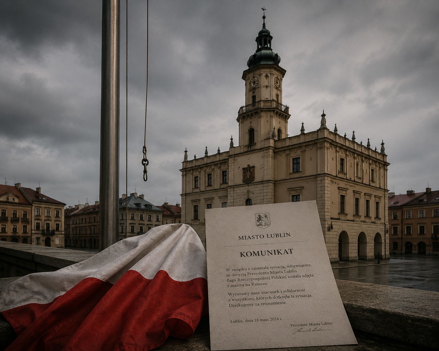 Ratusz w Lublinie i maszt po zdjętej fladze