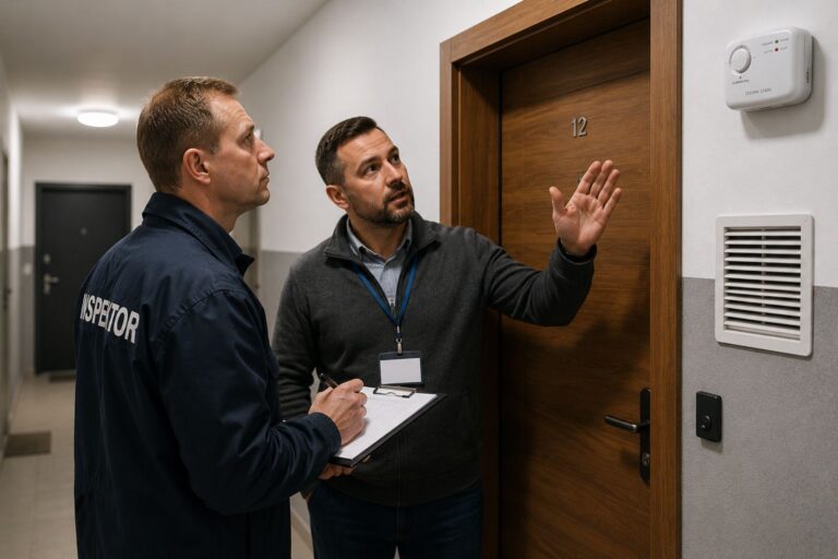 Inspektor i administrator przed drzwiami mieszkania
