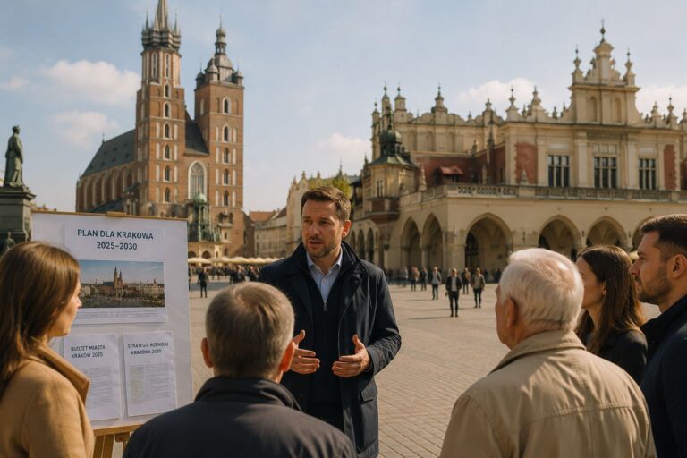 Kandydat rozmawia z mieszkańcami na rynku w Krakowie