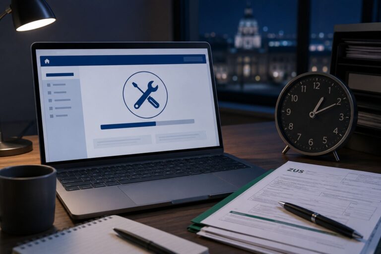 Laptop i dokumenty przy nocnej przerwie technicznej