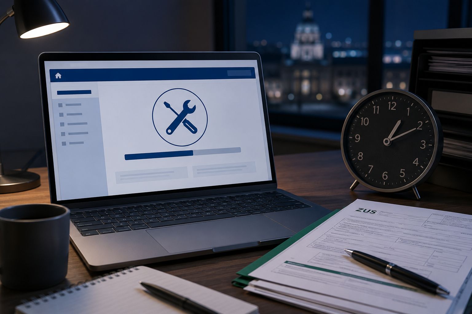 Laptop i dokumenty przy nocnej przerwie technicznej