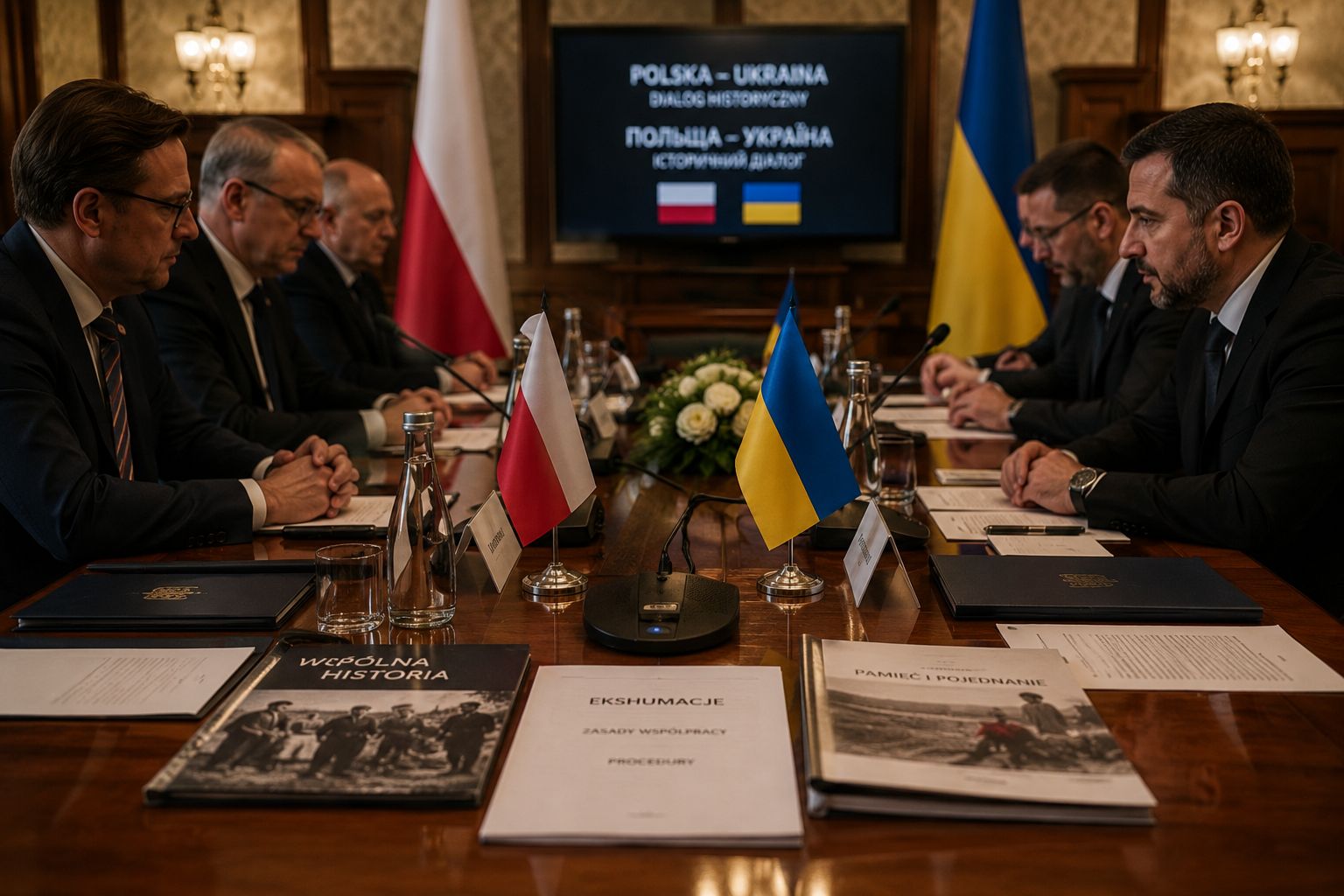 Konferencja dyplomatyczna z flagami Polski i Ukrainy