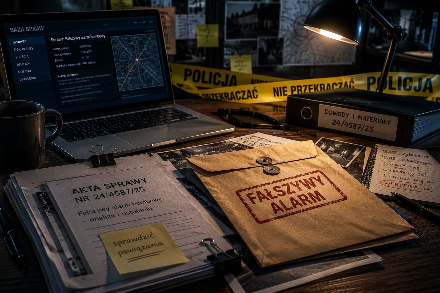 Akta sprawy i koperta przy policyjnej taśmie