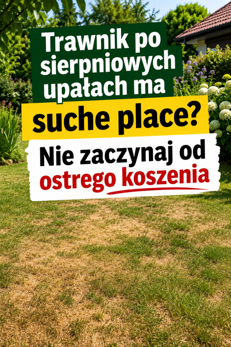 Trawnik po sierpniowych upałach ma suche place? Nie zaczynaj od ostrego koszenia