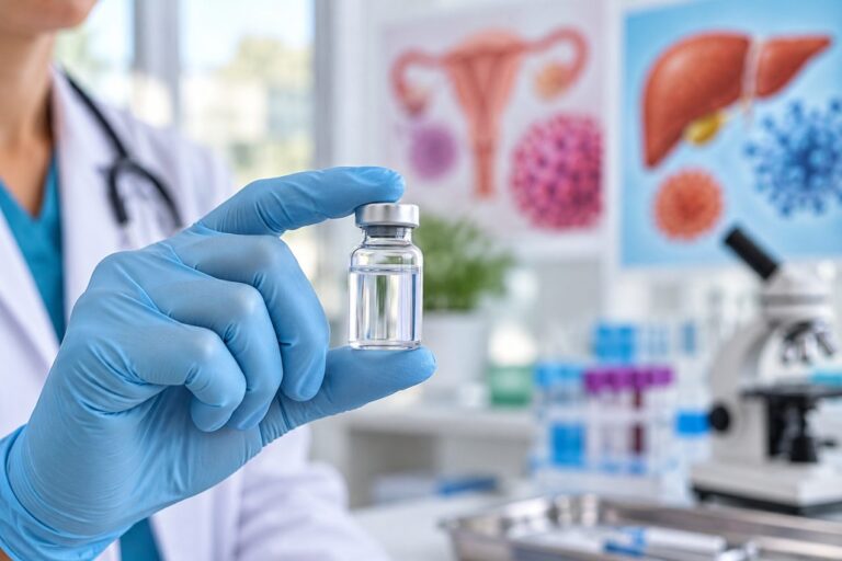 Lekarz w laboratorium trzyma fiolkę, w tle medyczne ilustracje i aparatura